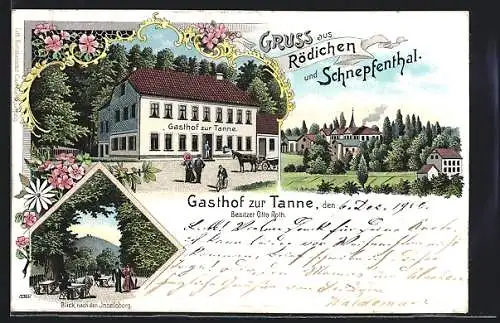 Lithographie Rödichen / Schnepfenthal, Gasthof zur Tanne, Bes. Otto Roth, Inselsberg