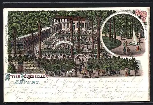 Lithographie Erfurt, Gasthaus Aktien Felsenkeller, Waldpartie mit Fontäne