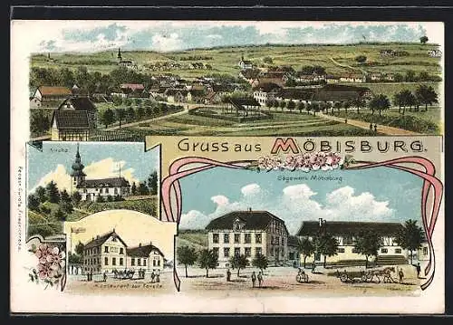 Lithographie Möbisburg, Restaurant zur Forelle, Sägewerk, Kirche