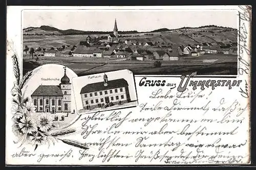 Lithographie Ummerstadt, Stadtkirche, Rathaus, Ortsansicht