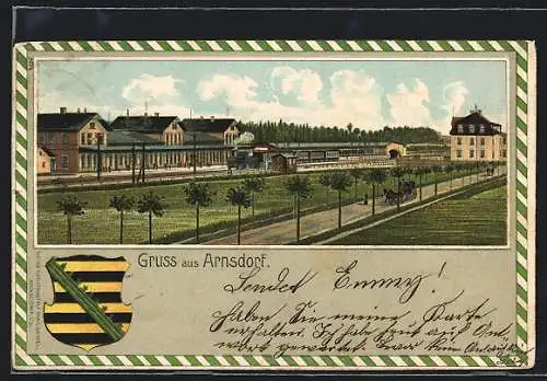 Lithographie Arnsdorf / Sachsen, Bahnhof und Wappen