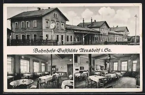 AK Arnsdorf i. Sa., Bahnhofs-Gaststätte, Aussen- und Innenansicht