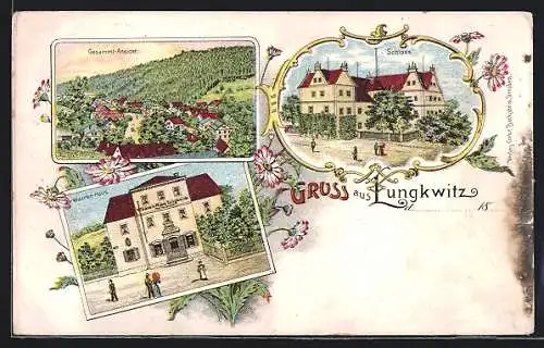 Lithographie Lungkwitz, Warenhaus Moritz Sucher, Schloss, Ortsansicht