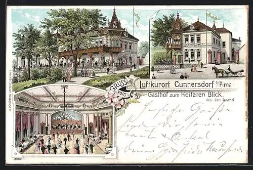 Lithographie Cunnersdorf b. Pirna, Gasthof zum Heiteren Blick, Bes. Edm. Peschel