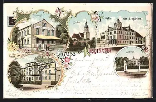 Lithographie Kreischa / Freital, Gasthof zum Erbgericht, Park-Hotel, Bad, Schloss, Kirche