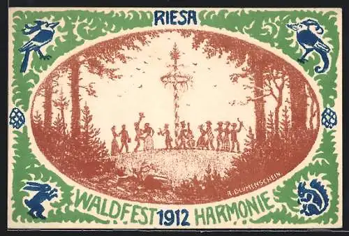 Künstler-AK Riesa, Waldfest Harmonie 1912, Maibaum