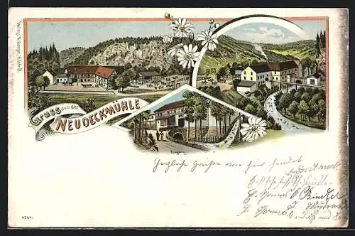 Lithographie Neudeckmühle, Totalansicht, Gasthaus, Eingang