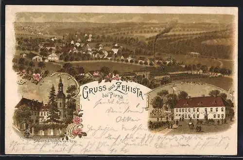 Lithographie Zehista b. Pirna, Gasthaus zur Post, Schloss d. Grafen von Rex, Ortsansicht