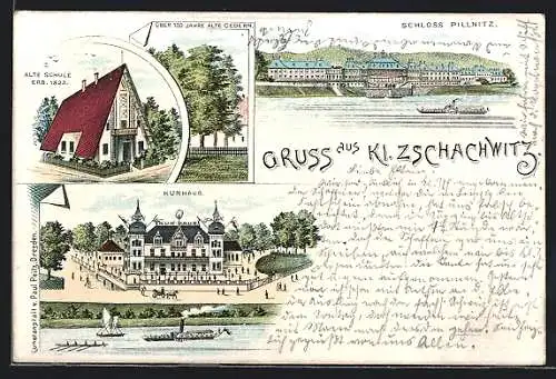 Lithographie Kleinzschachwitz, Kurhaus, Schloss Pillnitz, Alte Schule