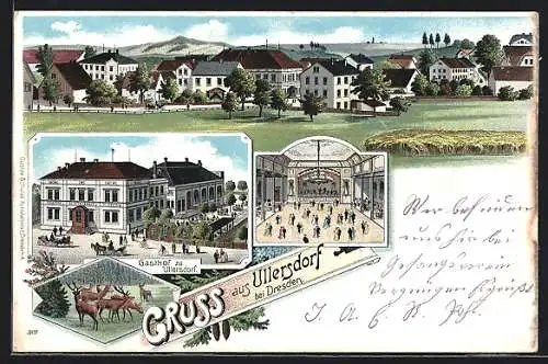 Lithographie Ullersdorf / Radeberg, Gasthof, Teilansicht der Ortschaft