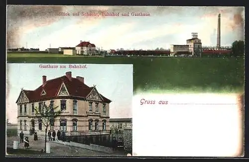 AK Dieskau, Gasthaus Bahnhof Dieskau, Blick auf Schacht, Bahnhof und Gasthaus, Kohle