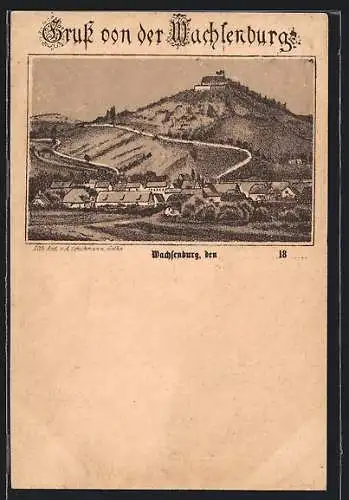 Lithographie Wachsenburg, Ortsansicht aus der Vogelschau