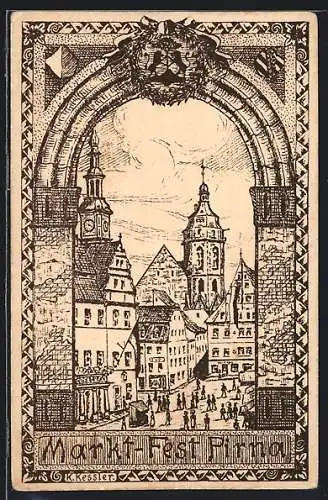 Künstler-AK Pirna, Festpostkarte des Marktfestes, Passanten am Markt