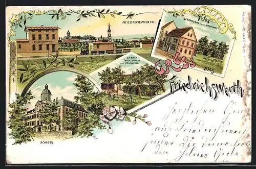 Lithographie Friedrichswerth, Restaurant zur Erholung, Gartenwirtschaft, Bahnhof