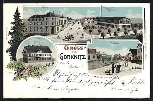 Lithographie Gorknitz, Gasthof und Ziegelei, Schule, Dorfplatz