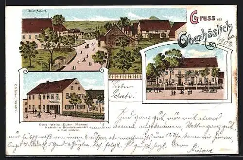 Lithographie Oberhäslich, Gasthof Oberhäslich, Bäckerei und Handlung von Karl Schlabe, Totalansicht