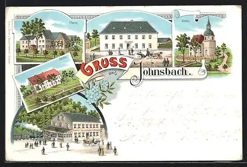 Lithographie Johnsbach, Gasthof, Bahnhof Bärenhecke-Johnsbach, Kirche