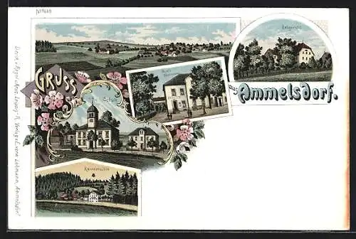 Lithographie Ammelsdorf, Restaurant Horn, Körnermühle, Schule