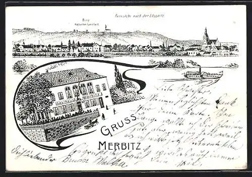 Lithographie Merbitz / Dresden, Gasthaus, Naturheilanstalt, Fernsicht nach der Lössnitz