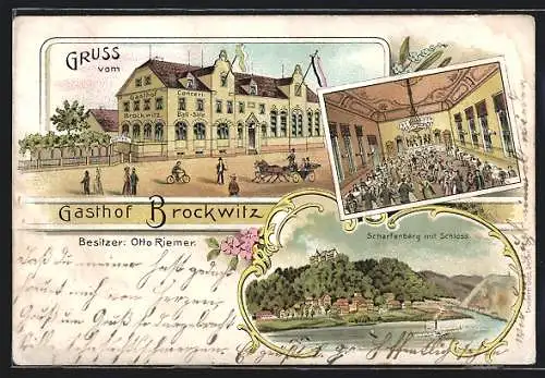 Lithographie Brockwitz / Coswig, Gasthof, Innenansicht, Scharfenberg mit Schloss