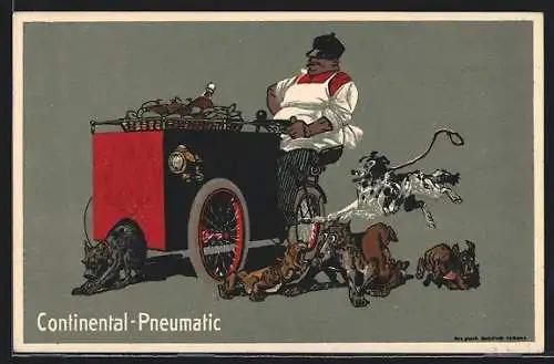 AK Reklame für Continental Pneumatic, Hunde verfolgen den Würstchenverkäufer mit seinem Wagen