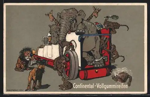 AK Reklame Continental-Vollgummireifen, Lastkraftwagen mit Elefanten, Giraffen und Affen