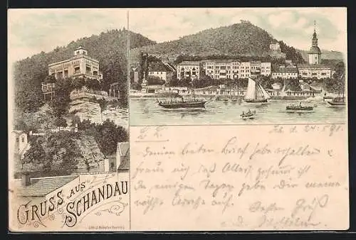 Vorläufer-Lithographie Schandau, 1891, Restaurant Schloss Bastei, Ortsansicht von der Elbe aus
