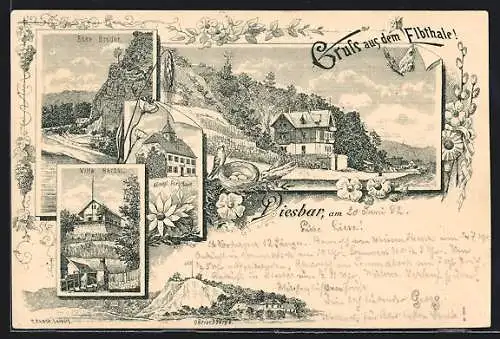 Vorläufer-Lithographie Diesbar, 1892, Villa Herbst, Böse Brüder, Königl. Forsthaus, Görischberg
