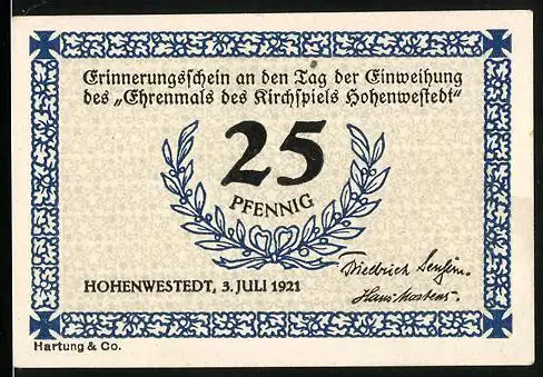 Notgeld Hohenwestedt 1921, 25 Pfennig, Einweihung des Ehrenmals des Kirchspiels Hohenwestedt