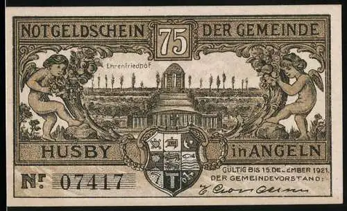 Notgeld Husby 1921, 75 Pfennig, Passrevision am Zuge, Ehrenfriedhof