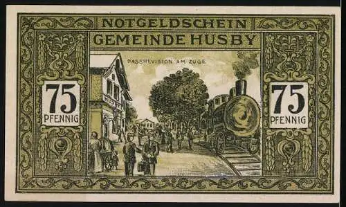 Notgeld Husby 1921, 75 Pfennig, Passrevision am Zuge, Ehrenfriedhof