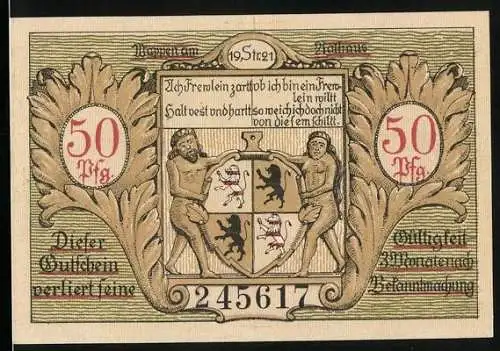 Notgeld Hildburghausen 1921, 50 Pfennig, Rathaus und Wappen