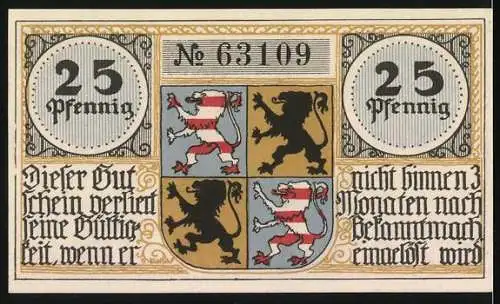 Notgeld Hildburghausen, 25 Pfennig, Rathaus und Wappen