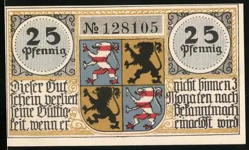 Notgeld Hildburghausen, 25 Pfennig, Ortspartie und Wappen