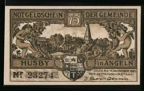 Notgeld Husby 1921, 75 Pfennig, Passrevision an der Strasse, Ortsansicht mit Kirche