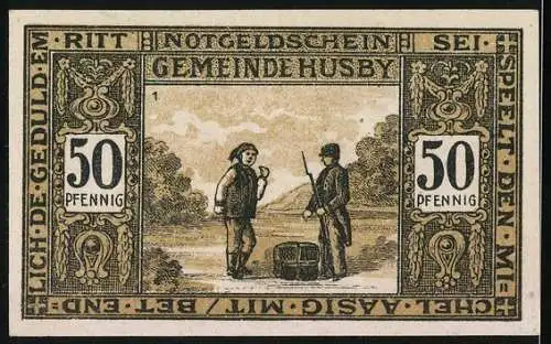 Notgeld Husby 1921, 50 Pfennig, Teichpartie, Soldat kontrolliert einen Bauern