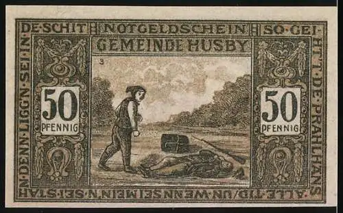 Notgeld Husby 1921, 50 Pfennig, Ehrenfriedhof aus dem Jahre 1921, Bauer schlägt einen Soldaten nieder