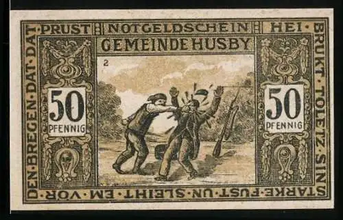 Notgeld Husby 1921, 50 Pfennig, Gerichtstag, Bauer schlägt einen Soldaten nieder