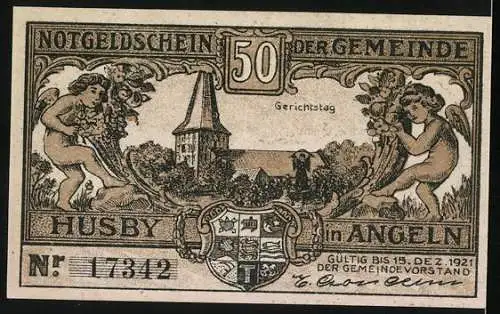 Notgeld Husby 1921, 50 Pfennig, Gerichtstag, Bauer schlägt einen Soldaten nieder