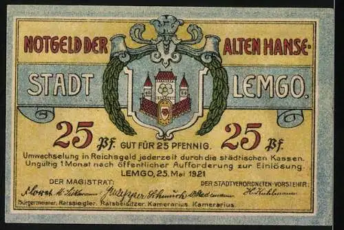 Notgeld Lemgo 1921, 25 Pfennig, Rathaus und Wappen