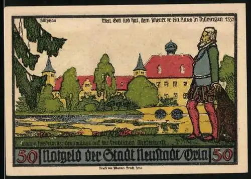 Notgeld Neustadt /Orla 1921, 50 Pfennig, Panorama 1650 nach Merian, Wappen und Ortspartie