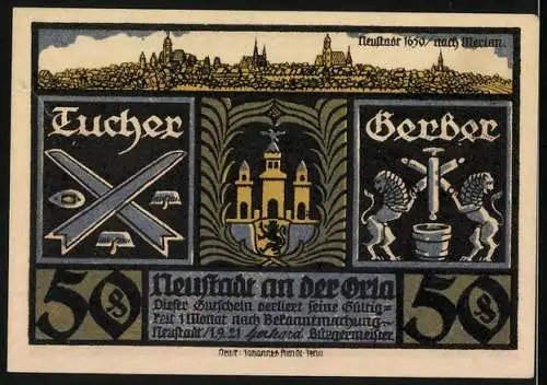Notgeld Neustadt /Orla 1921, 50 Pfennig, Panorama 1650 nach Merian, Wappen und Ortspartie