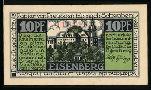 Notgeld Eisenberg, 10 Pfennig, Schloss, Industrieanlagen und Wappen, Gutschein