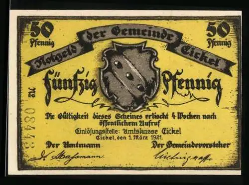 Notgeld Eickel 1921, 50 Pfennig, Haus Dorneburg, Wappen