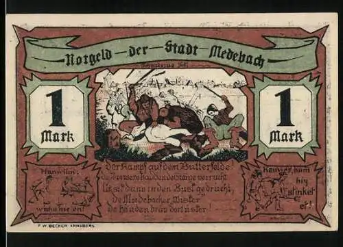 Notgeld Medebach, 1 Mark, Schnadezug 1641, Bauernkate und Wappen