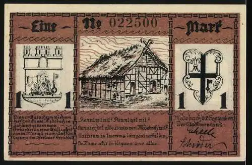 Notgeld Medebach, 1 Mark, Schnadezug 1641, Bauernkate und Wappen