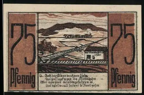 Notgeld Medebach 1921, 75 Pfennig, Ortsansicht mit Kirche, Wappen, Landschaft mit Eisenbahn