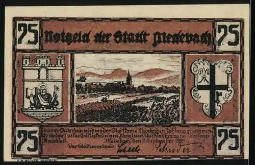 Notgeld Medebach 1921, 75 Pfennig, Ortsansicht mit Kirche, Wappen, Landschaft mit Eisenbahn