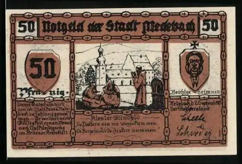 Notgeld Medebach, 50 Pfennig, Kloster Blindfeld, Bauer bei der Feldarbeit, Gutschein