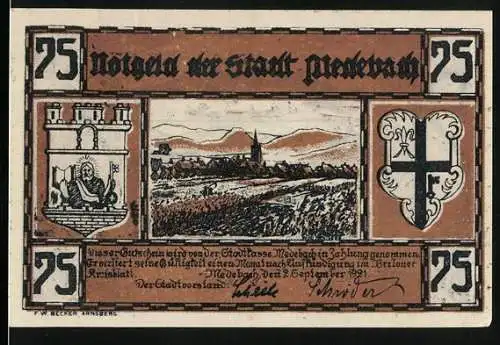 Notgeld Medebach 1921, 75 Pfennig, Ortsansicht mit Kirche, Wappen, Landschaft mit Eisenbahn, Gutschein